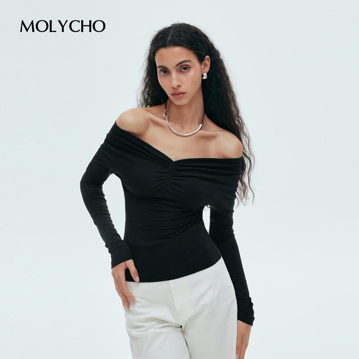 MOLYCHO | 极简主义/黑色性感露肩长袖T恤女/一字领抽褶修身上衣
