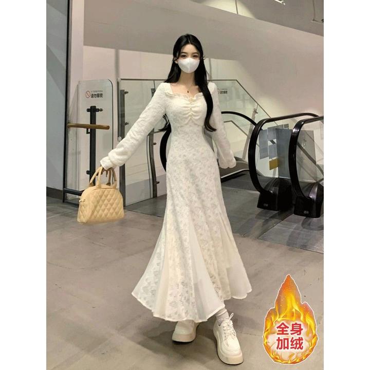 加加厚高级感方领褶皱蕾丝连衣裙女秋冬气质收腰鱼尾打底长裙子