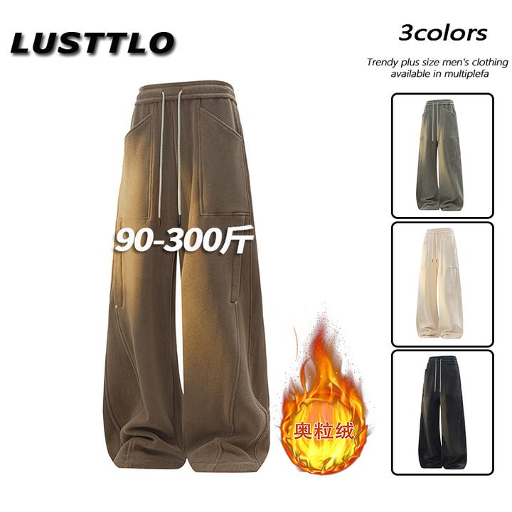 秋冬季新款男士大码保暖重磅奥粒绒休闲长裤男宽松美式潮流直筒裤