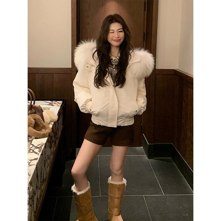 【丹麦雪精灵】加厚保暖大毛领连帽棉服外套女秋冬季白色减龄棉衣潮