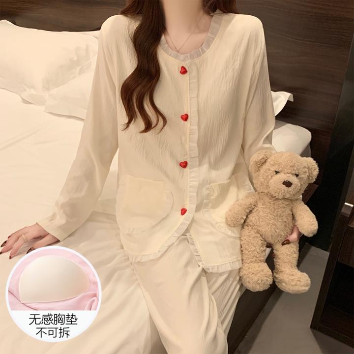 云朵棉睡衣女春秋冬季长袖大码带胸垫25新款奶fufu杏色套装家居服