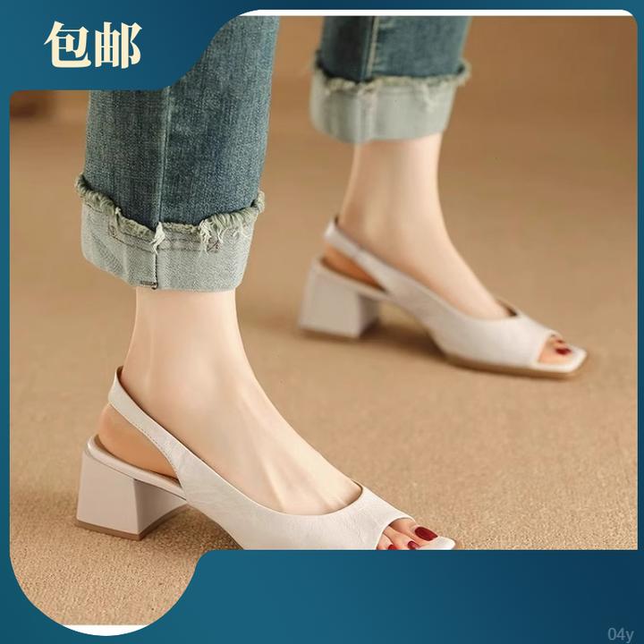 法式方头配裙子仙女风单鞋2025年高跟鞋女款百搭鱼嘴粗跟凉鞋夏季