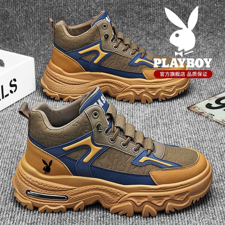 花花公子高帮男鞋秋冬运动休闲户外登山鞋男一脚蹬复古中帮马丁靴