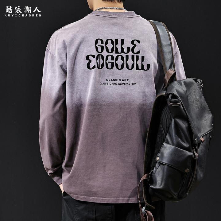 高端美式潮牌怀旧渐变纯棉长袖T恤男长袖2025新款春秋季宽松大码