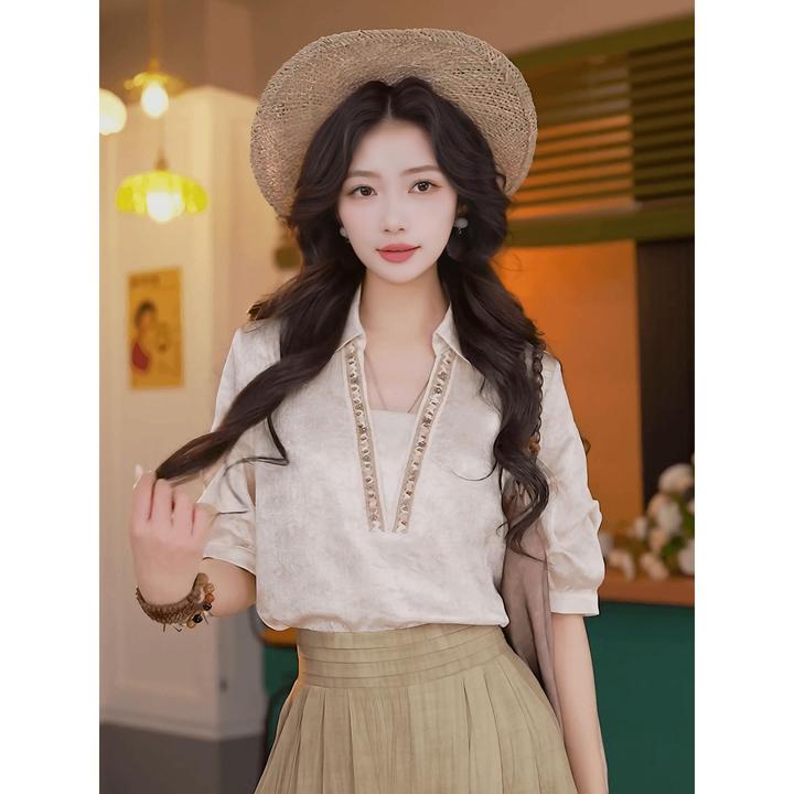 杏仁2025春夏新款复古韩版压褶晕染短袖衬衫百搭显瘦宽松休闲上衣