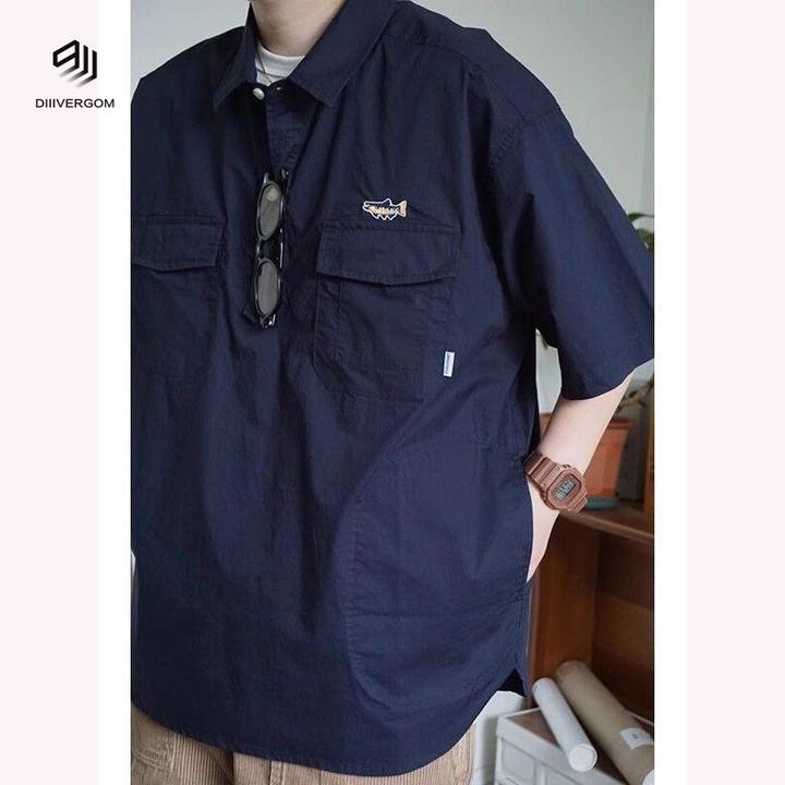DIIIVERGOM藏青色领短袖衬衫衬衣日系复古半袖男夏季高级感工装五