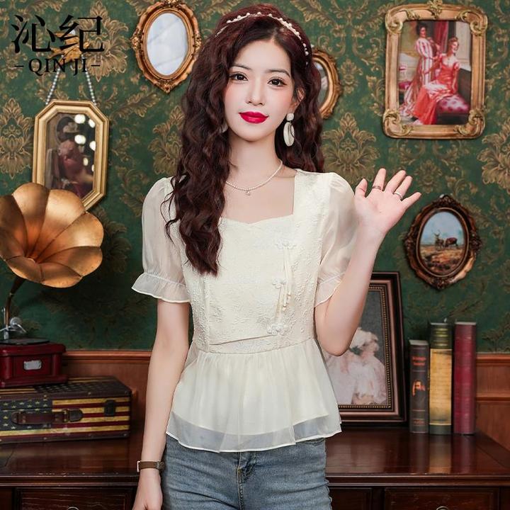 轻国风提花短袖雪纺衫女装2025夏季新款别致漂亮小衫收腰气质上衣