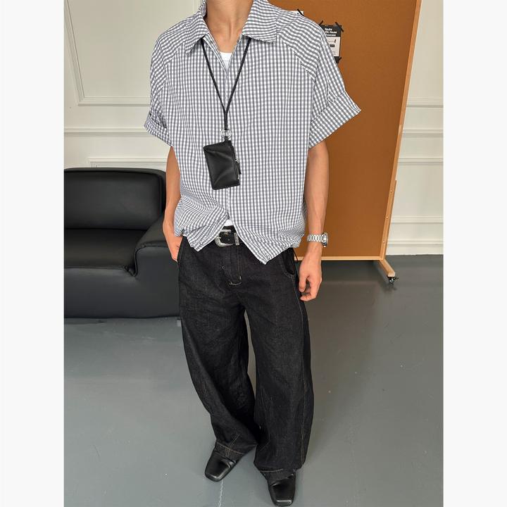 CZ2复古格纹短袖衬衫男夏季美式宽松休闲格子衬衣新款上衣男