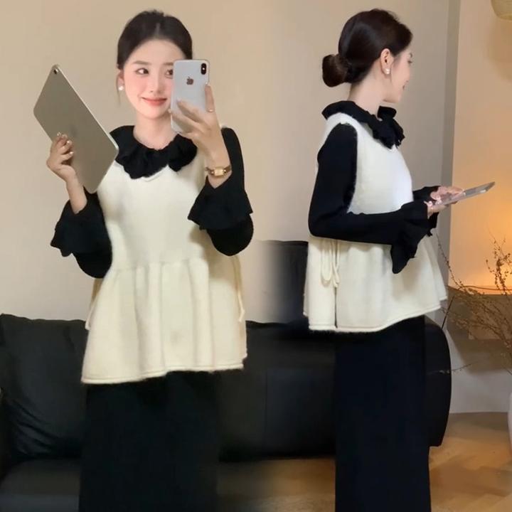 时髦孕妇装新款穿搭赫本风复古黑色荷叶边喇叭袖针织长袖马甲套装