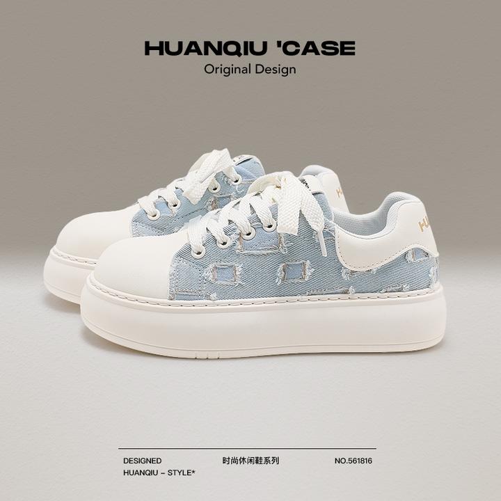 环球牛仔破洞帆布小白鞋女厚底2025秋季新款增高休闲板鞋