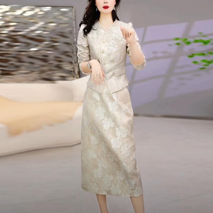 提花缎轻奢小香风套装裙2025春季新款时尚气质显瘦两件套连衣裙子