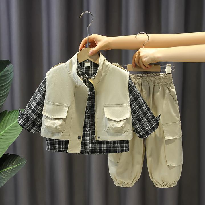 男童格子衬衫套装秋装儿童洋气工装马甲三件套宝宝春秋款时髦潮装