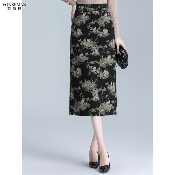 国风半身裙女2025秋冬开叉包臀一步裙高腰显瘦水墨印花高端毛呢裙