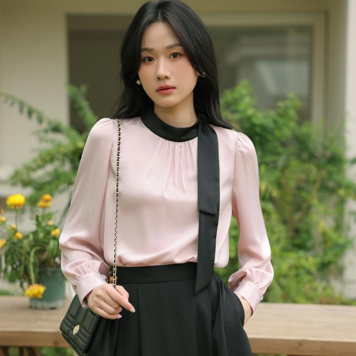 瞌睡兔 撞色飘带长袖缎面衬衫女春季显瘦温柔气质垂坠上衣