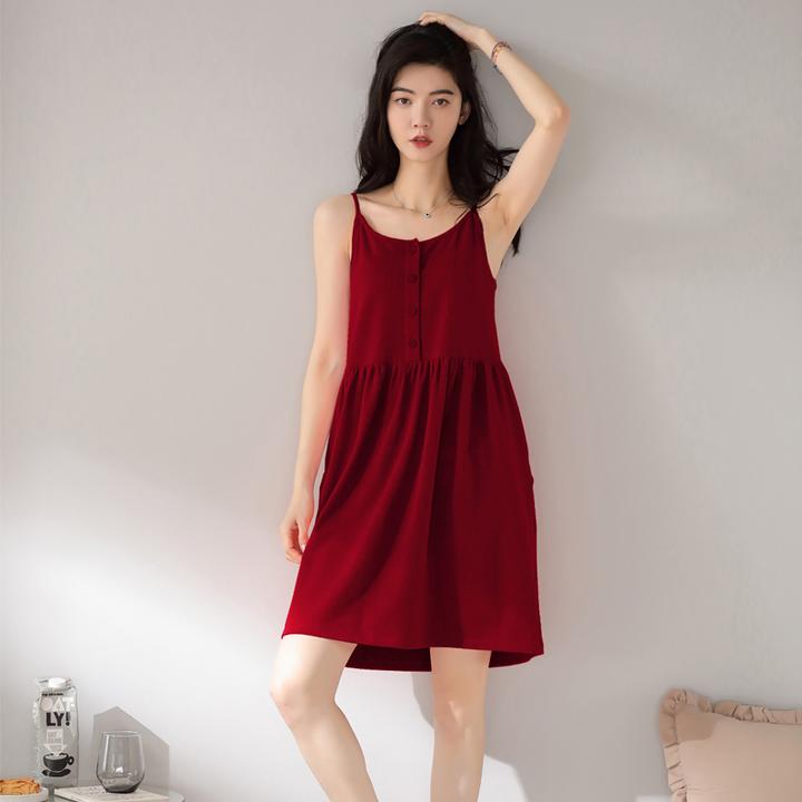夏季时尚性感吊带胸垫睡裙纯色气质显瘦丝光棉质纯棉女士睡衣薄款