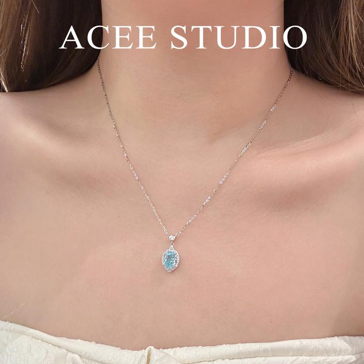 坠链均925银合成锆石 ACEE设计蓝色冰切钻项链女款设计感锁骨链礼