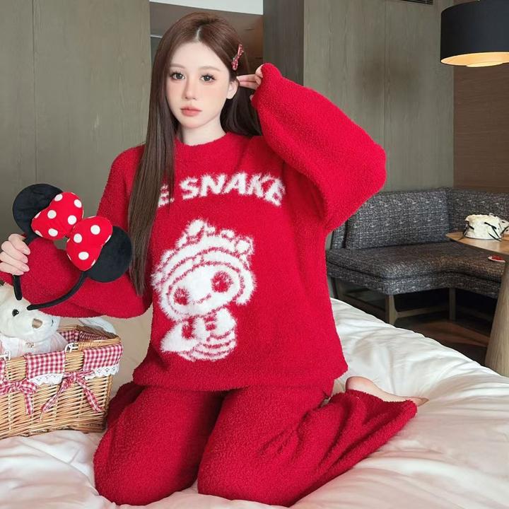 【大红色蛇宝宝】半边绒加厚睡衣半边绒女秋冬款可外穿HTT家居服