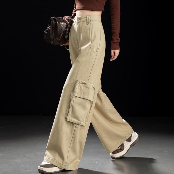 卡其色裤子女秋季复古高街工装裤女款设计感阔腿牛仔裤直筒裤长裤