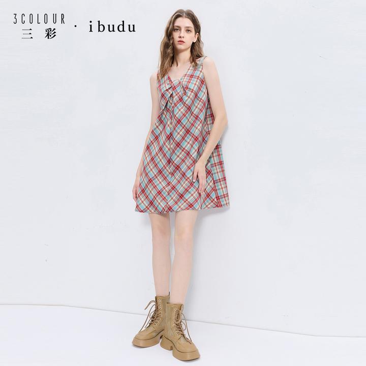 三彩ibudu2025秋季新款无袖解构扭结格纹A字裙少女时尚连衣裙女