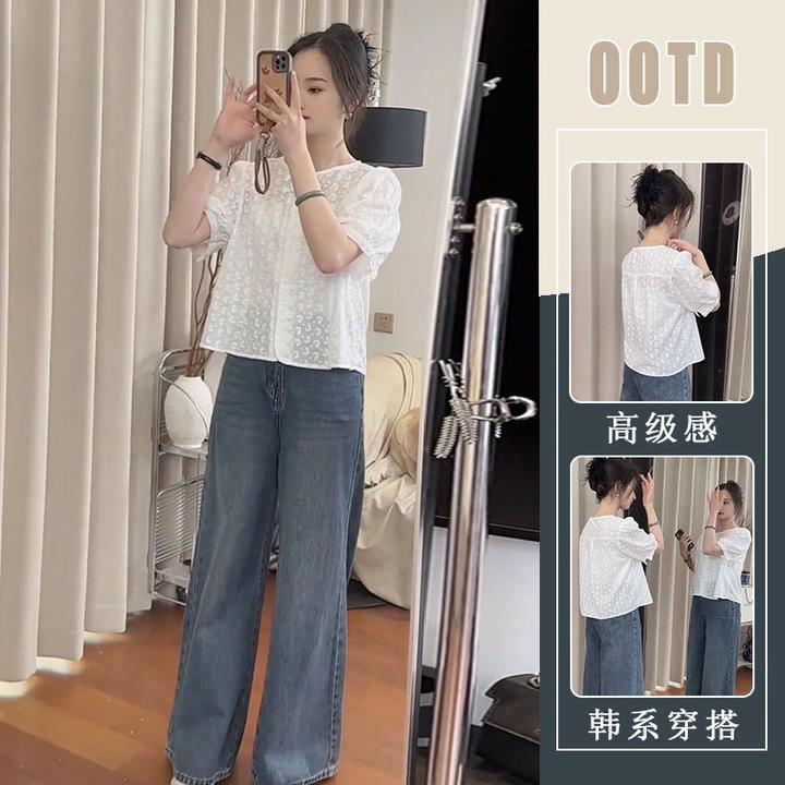 夏日穿搭一整套时尚韩系设计感短袖衬衫女高腰阔腿牛仔裤两件套潮