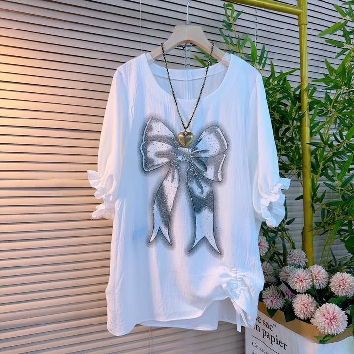 6572胖妹妹时尚重工烫钻蝴蝶抽绳款设计感慵懒风韩系宽松遮肉短袖