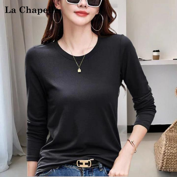 La Chapelle/拉夏贝尔圆领修身打底T恤秋冬气质显瘦休闲百搭上衣