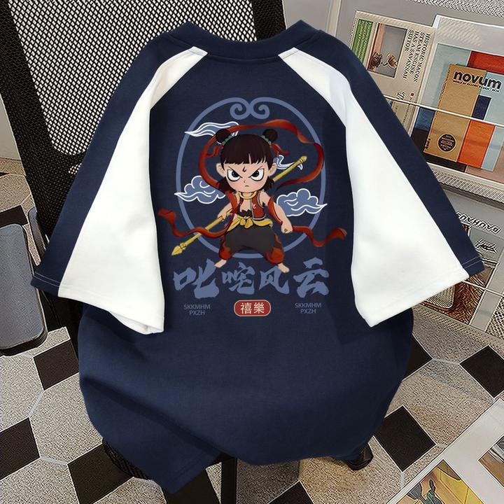 100%纯棉国潮哪吒印花短袖t恤女夏季新款宽松休闲情侣设计感上衣