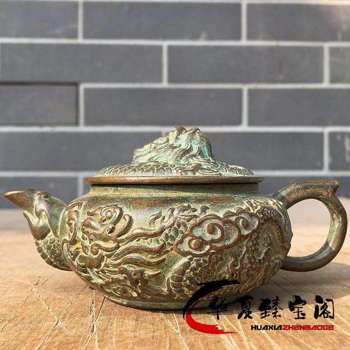 民间藏品 农村收淘老物件茶壶龙凤呈祥旧物 青绿锈壶老壶桌面摆件