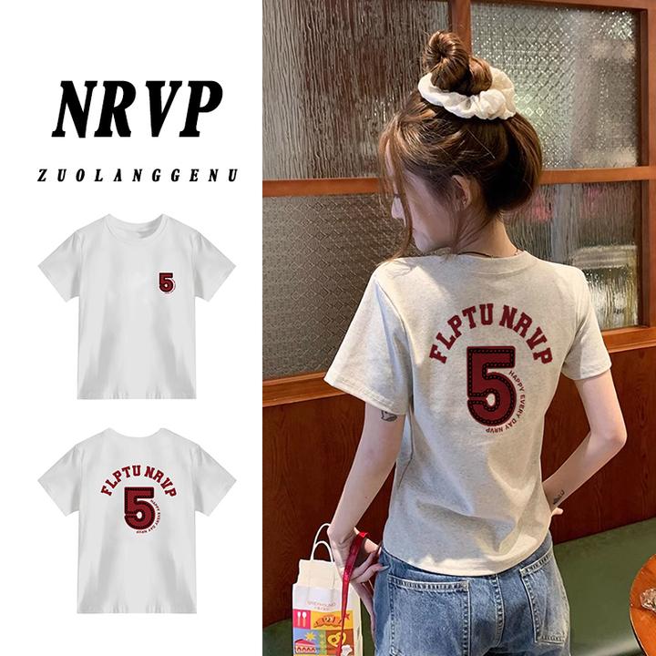 【运补】正肩圆领百搭夏季前后英数5短袖t恤女高弹力修身显瘦上衣潮