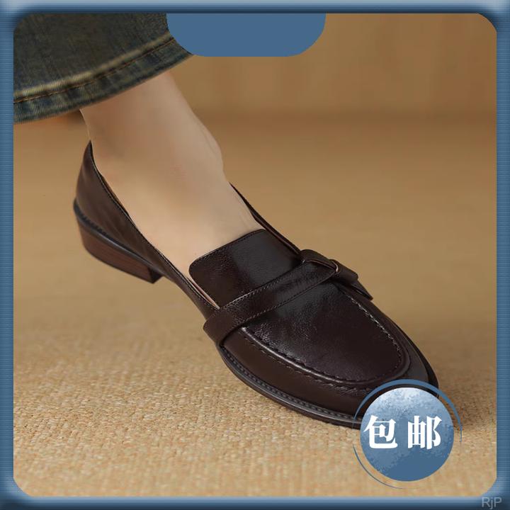 真皮中跟乐福鞋女2025春季新款女士软底羊皮单鞋英伦风棕色小皮鞋