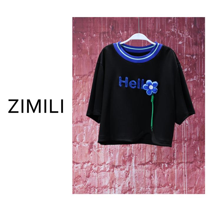 【LIANG哥女装】2025莱赛尔轻薄午夜黑毛巾字母绣圆领休闲短T恤6525