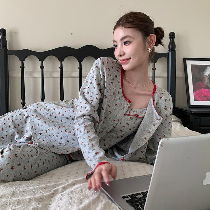 春秋季女士睡衣纯棉碎花甜美开衫长袖带胸垫可外穿家居服三件套