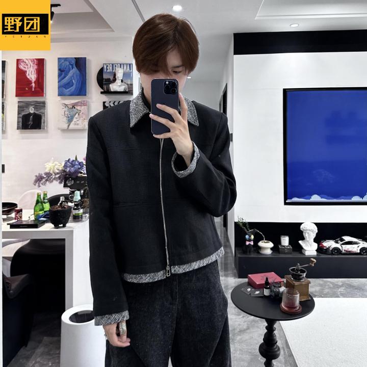 复合韩版cleanfit小香风高级感短宽拼接假两件翻领夹克外套男潮流