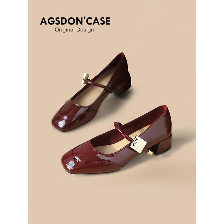 Agsdon/奥古狮登气质粗跟单鞋女夏季法式绝美玛丽珍鞋红色小皮鞋