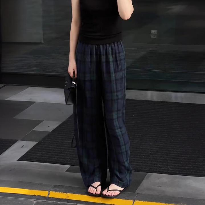 独特混色大格子休闲裤女秋季新款高腰宽松松弛感显瘦拖地直筒裤子