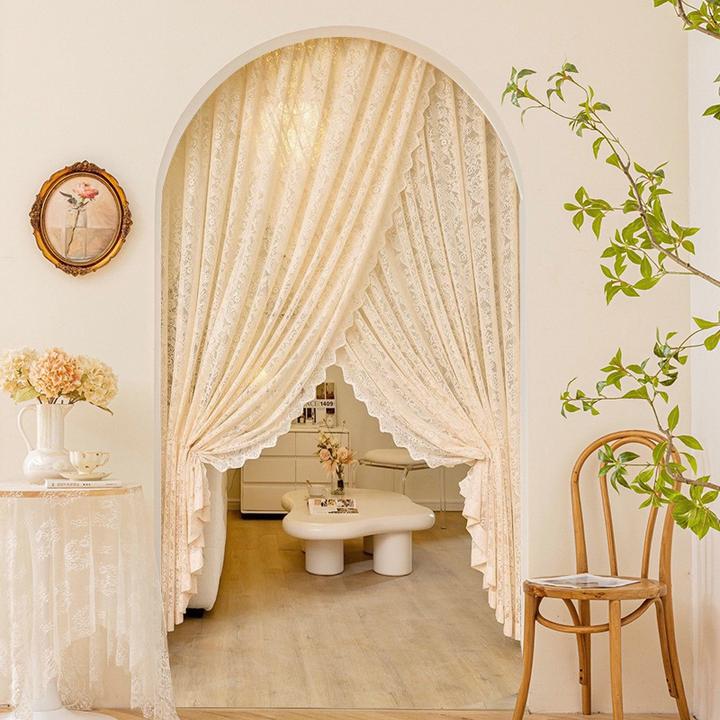 法式蕾丝免打孔穿杆纱帘朦胧感交叉门帘窗帘奶油系卧室飘窗通用