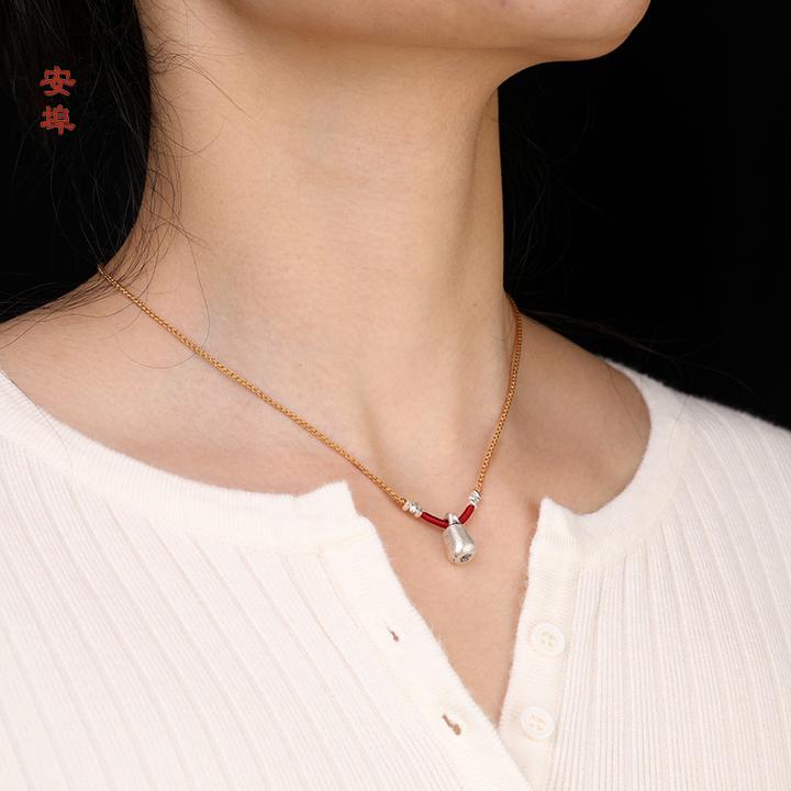 非金属布艺项链 足银平安锁吊坠女项链本命年红绳编织锁骨链