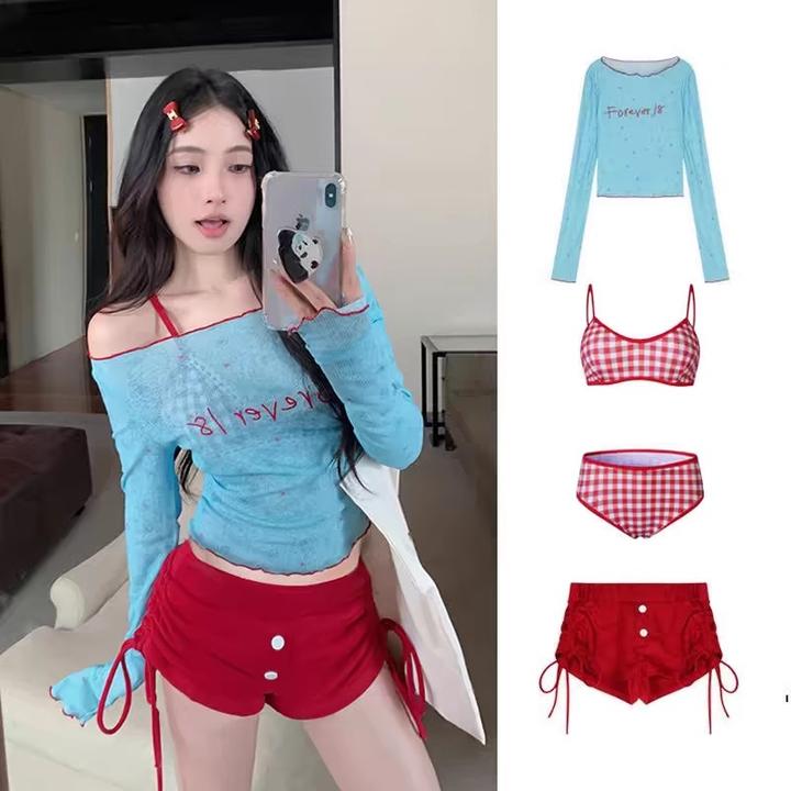 红色分体泳衣女款微胖遮肚遮肚子显瘦适合套装成人温泉三件套新款