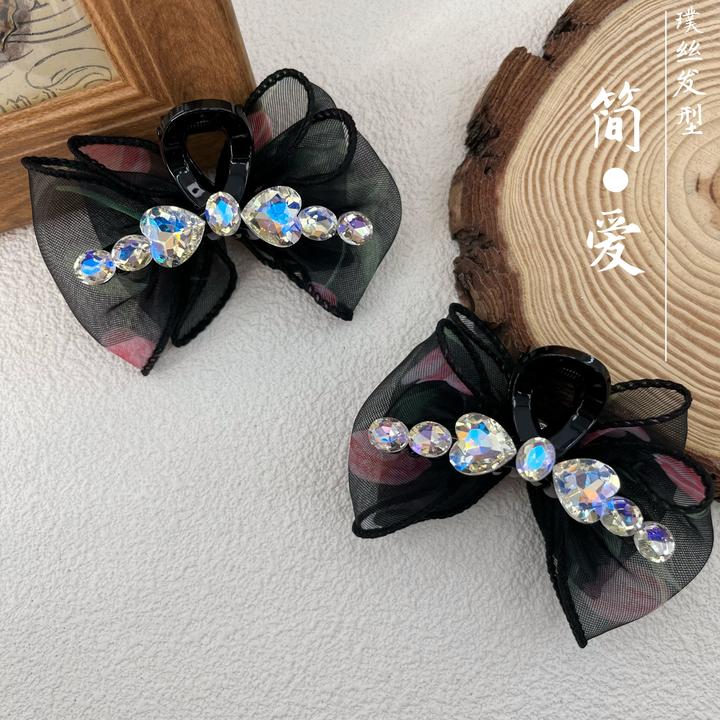 百搭时尚气质高级感AB面月光水钻网纱泡泡纱抓夹7cm