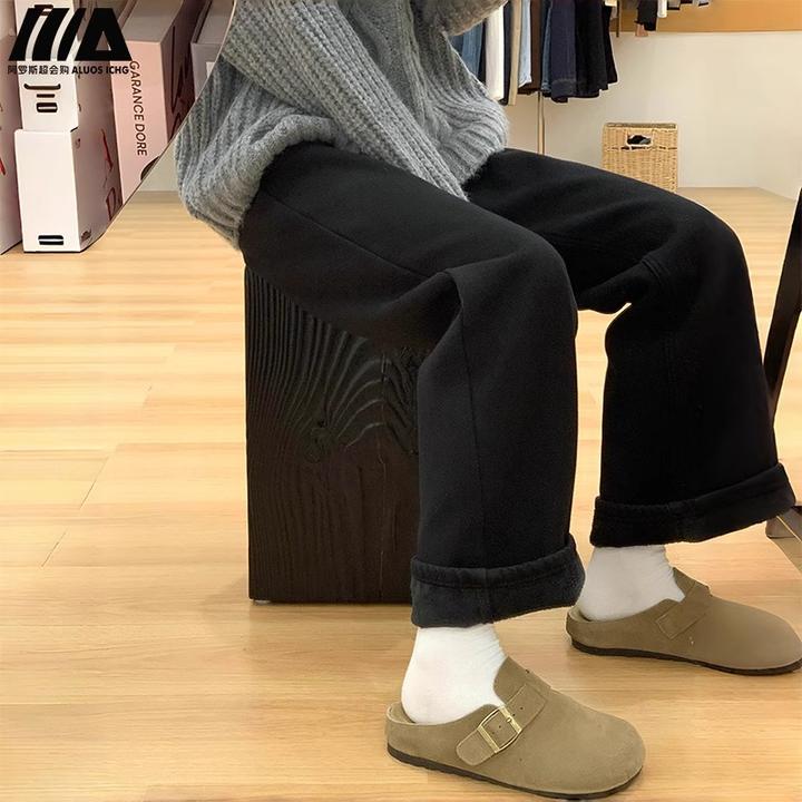 黑色加绒直筒牛仔裤女2025秋冬新款高腰显瘦小个子垂感窄版阔腿裤
