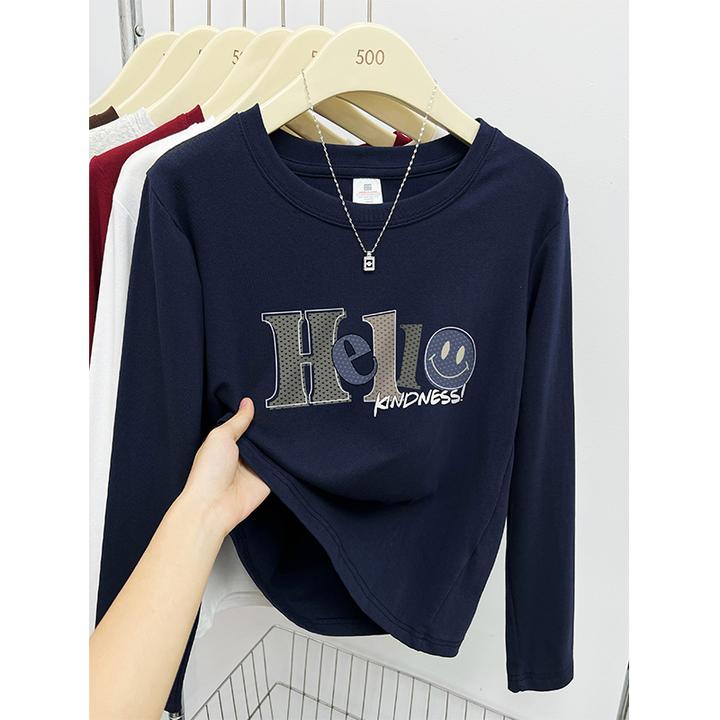 正肩小衫打底女春季2025新款韩系时尚休闲字母百搭长袖t恤女装上