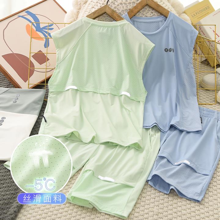 巴拉童年套装夏季中大童冰丝短裤速干运动薄款帅气反光条无袖T恤