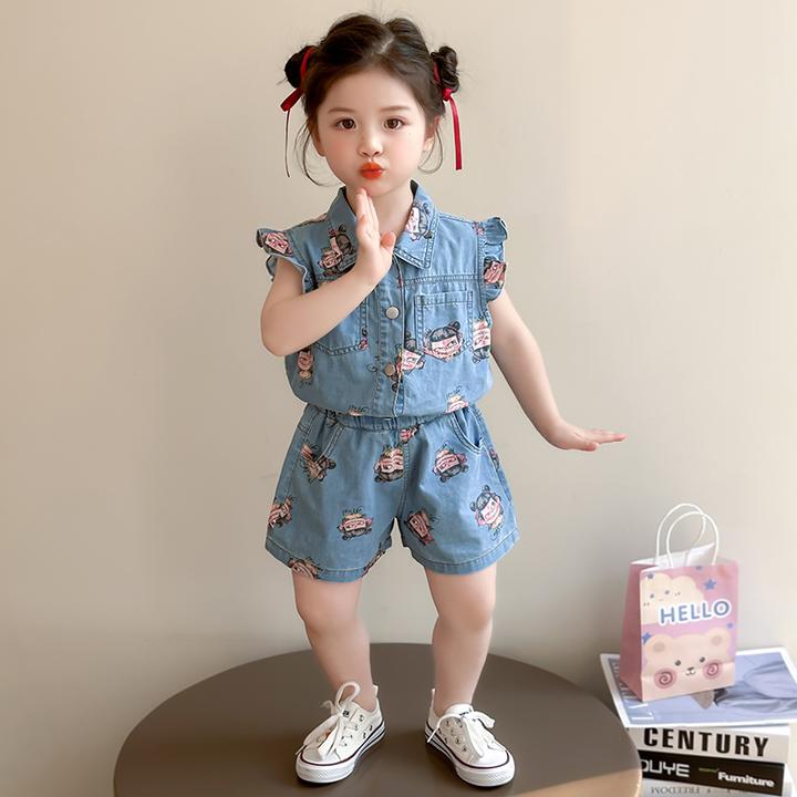 女童夏季牛仔套装女宝宝满印哪吒两件套夏装新款飞袖薄款儿童装潮