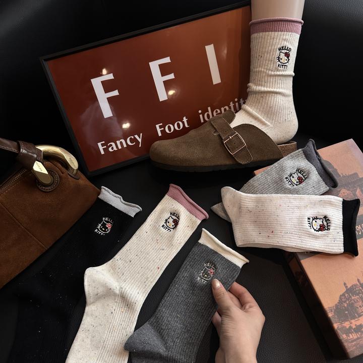 FFI(5双装)秋冬拼色卷边刺绣棉袜减龄少女百搭德训鞋勃肯鞋堆堆袜