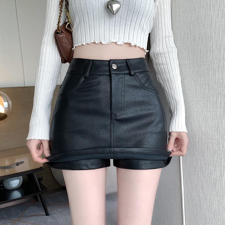 黑色显瘦pu皮裙裤女秋冬韩版百搭辣妹A字高腰半身裙防走光包臀裙