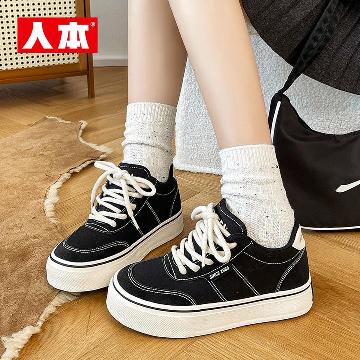 人本加绒帆布鞋女鞋中帮秋冬新款加厚板鞋保暖二棉学生百搭棉鞋