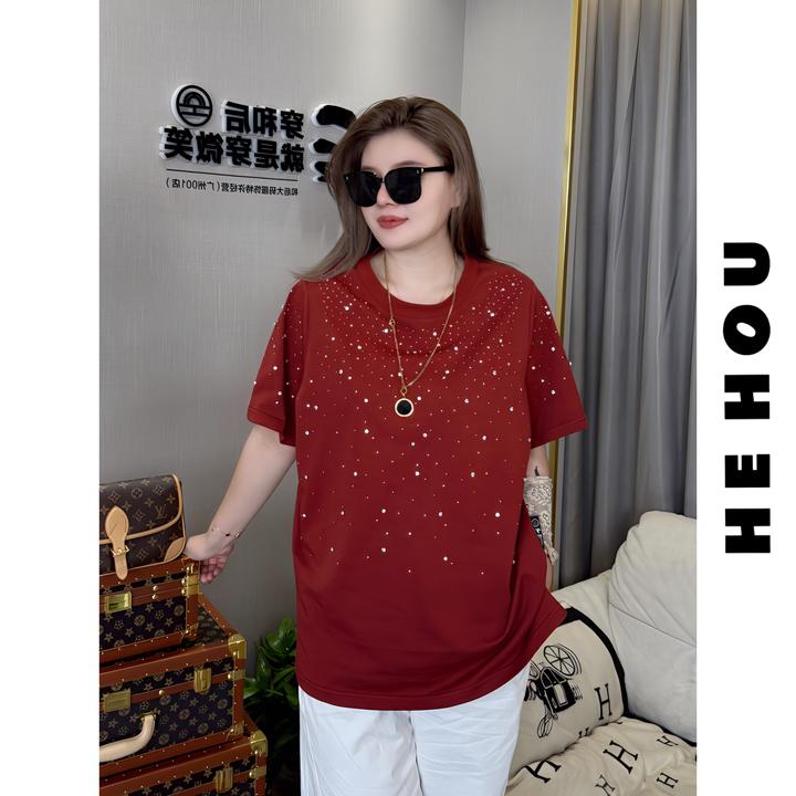 508750 和后大码休闲风重工满天星烫钻圆领T恤宽松显瘦夏季短袖T