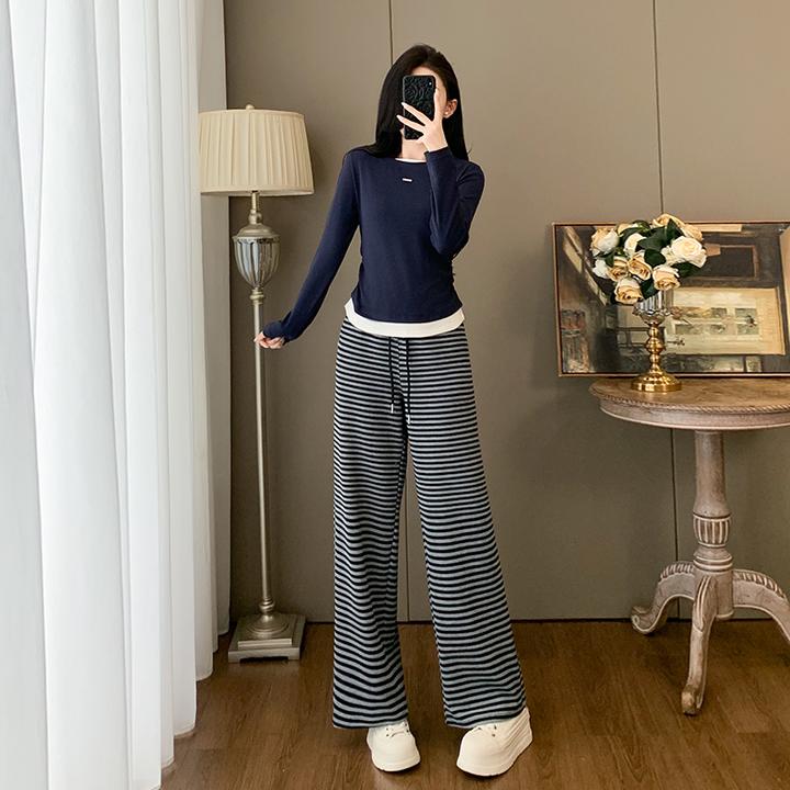 韩风chic一整套女2025秋季修身洋气减龄长袖T恤条纹阔腿裤两件套