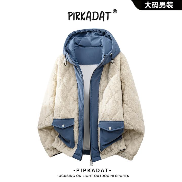 Pirkadat冬季新款连帽棉衣纯色拼接休闲保暖棉服潮流宽松男士外套