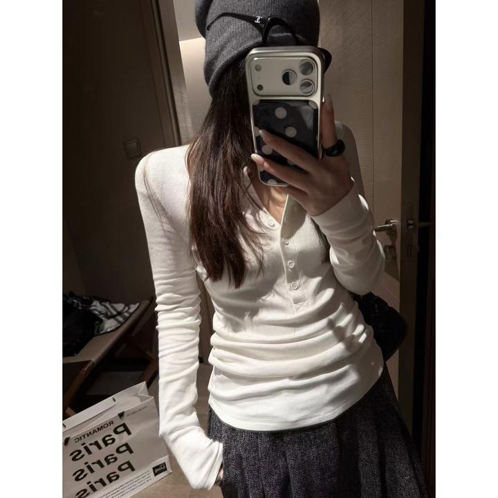 SP 亨利领长袖针织打底衫女纽扣修身显瘦百搭内搭上衣服t